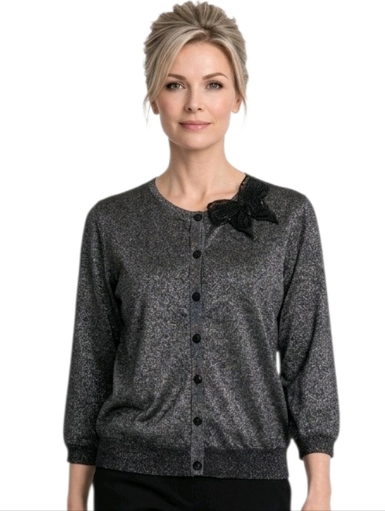august silk Sweaters - August Silk Black Sparkle Beaded Bow Accent 3/4 Sleeve Sweather Size XL